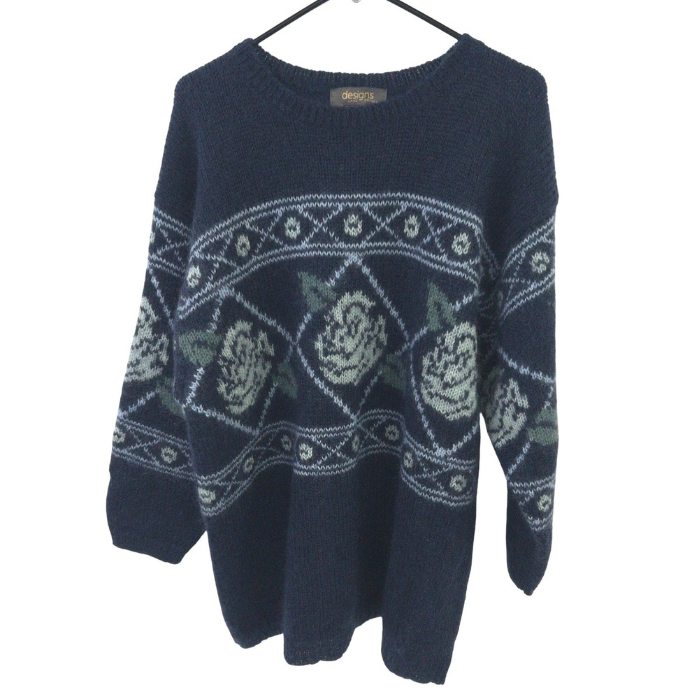 Vintage Mohair Floral Knit Sweater 22/24 Navy Blue Cottagecore Grandmacore